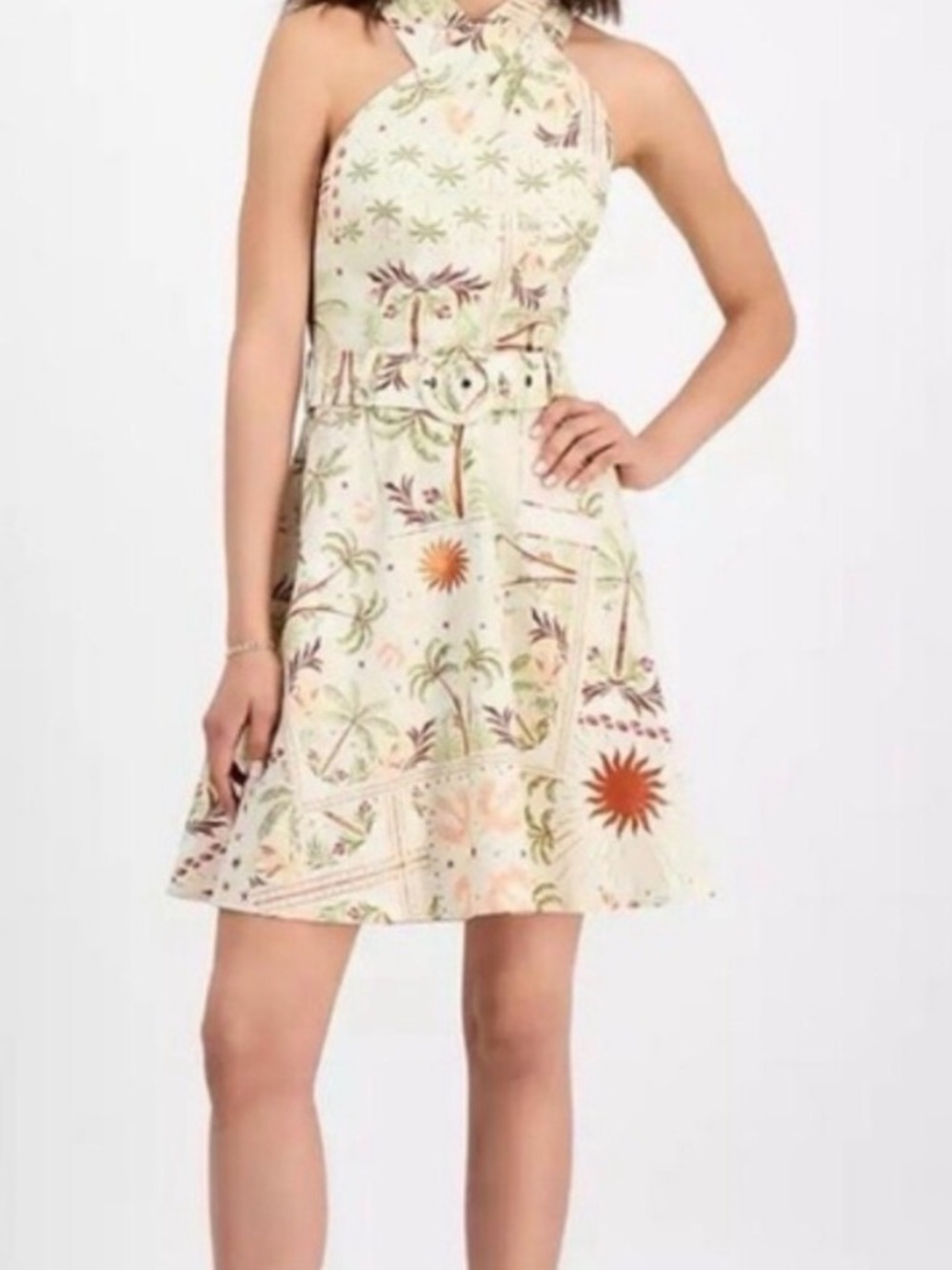 RACHEL Rachel Roy Cream Halter Palm-Print Belted Mini Dress - Picture 3 of 3